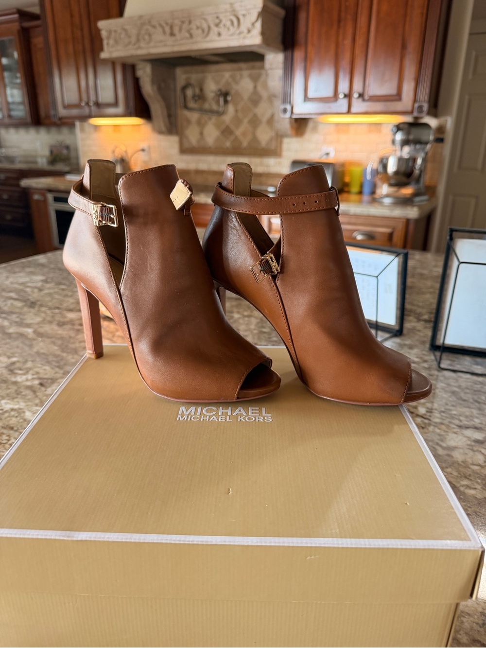 MICHAEL Michael Kors Brown Leather Peep-Toe Ankle Booties with Buckle